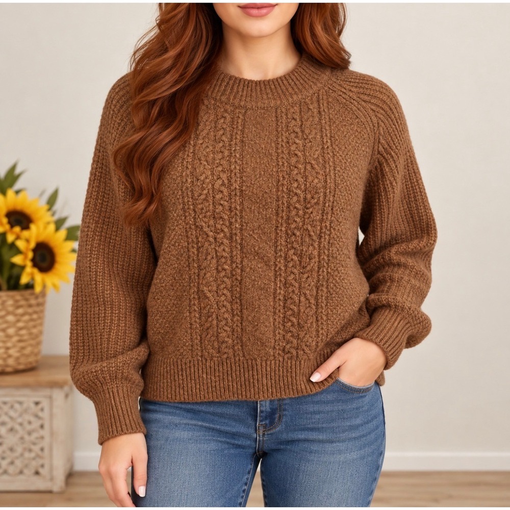 a.n.a Cable Knit Crewneck Sweater Medium Brown Good Raglan Textured Cozy Soft